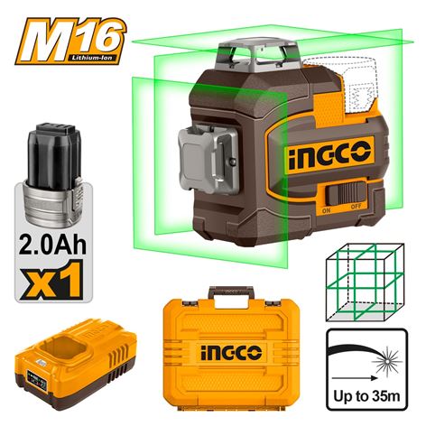 INGCO Αυτοαλφαδιαζόμενο Πράσινο Laser 3D  Μπαταρίας 16V Li-Ion 1x2.0Ah (HLL301201)