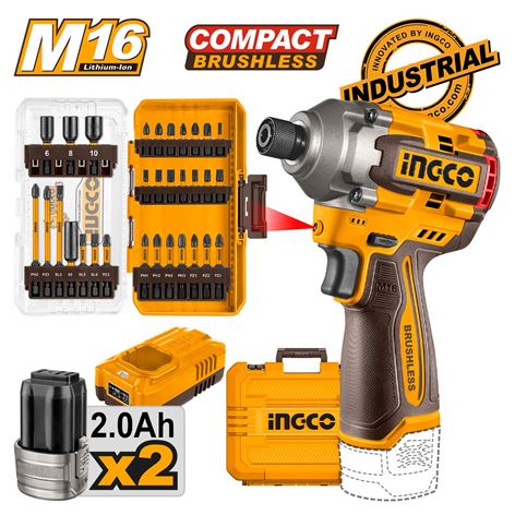 INGCO Κατσαβίδι Παλμικό Compact 16V Li-Ion 170Nm 2x2.0Ah + Μύτες Impact Σετ 31 τεμ.(COSLI241083E)