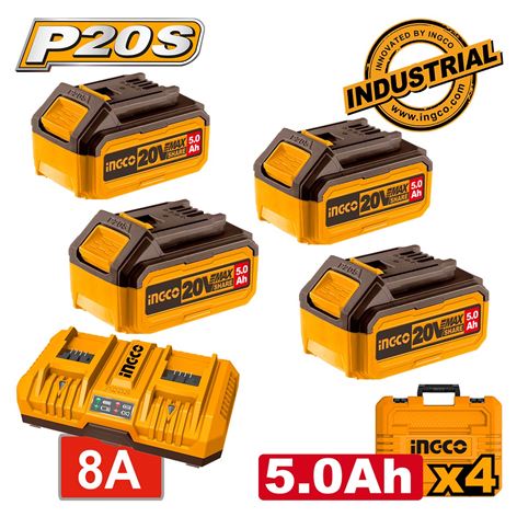 INGCO SET Μπαταρίες 4 τεμ. 20V 5.0Ah + Ταχυφορτιστής 8A  2 Θέσεων + Βαλίτσα (FBCLI20285)